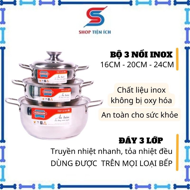 Thanh lý Bộ nồi inox Sunhouse 3 đáy inox SH335 dùng được bếp từ -Shop Tiện Ích