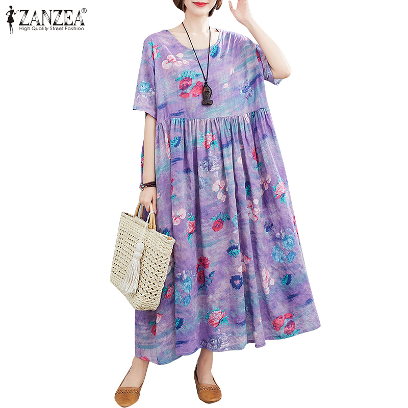 Đầm ZANZEA Ngắn Tay Cổ Tròn Dáng Dài Thời Trang Hàn Quốc Cho Nữ