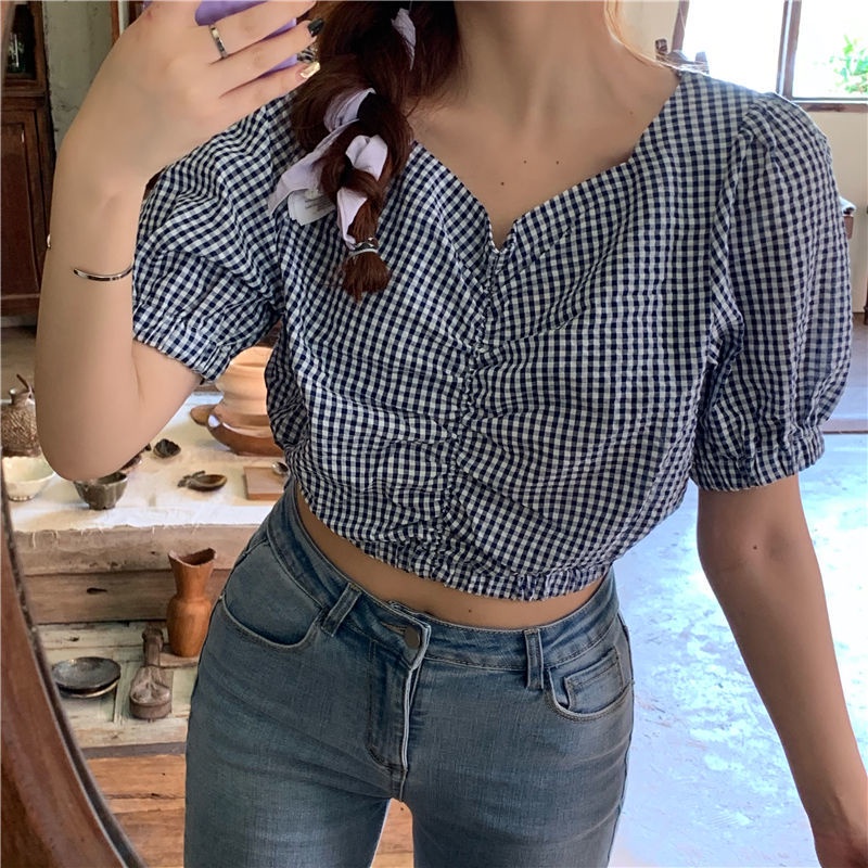 Áo Kiểu Cổ Chữ V Tay Ngắn Họa Tiết Sọc Caro Phong Cách Hàn Quốc Cho Nữ