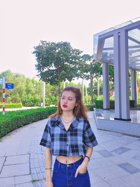 Áo Croptop Sơmi Caro Ảnh Thật