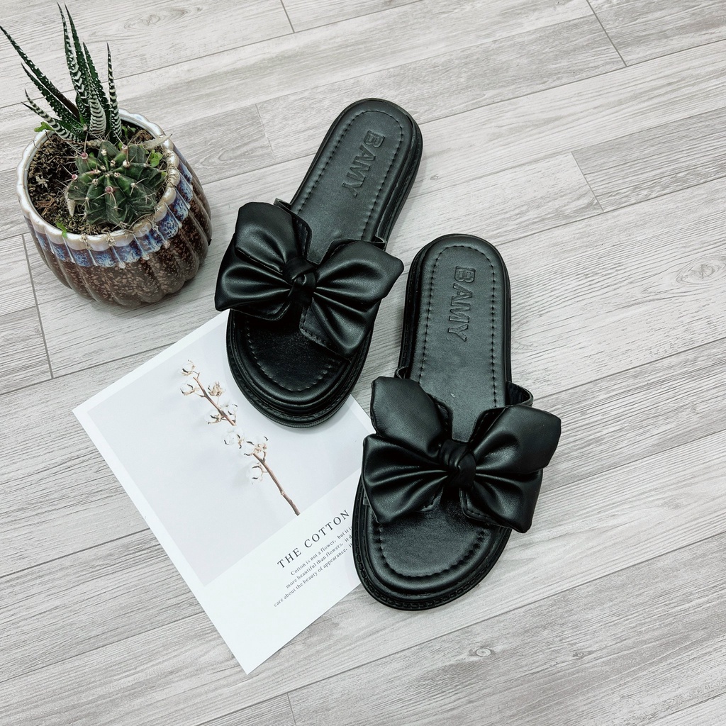 Dép nữ đế bánh mì thắt nơ quai ngang cao 3 phân da mềm siêu nhẹ hot trend HIBEE