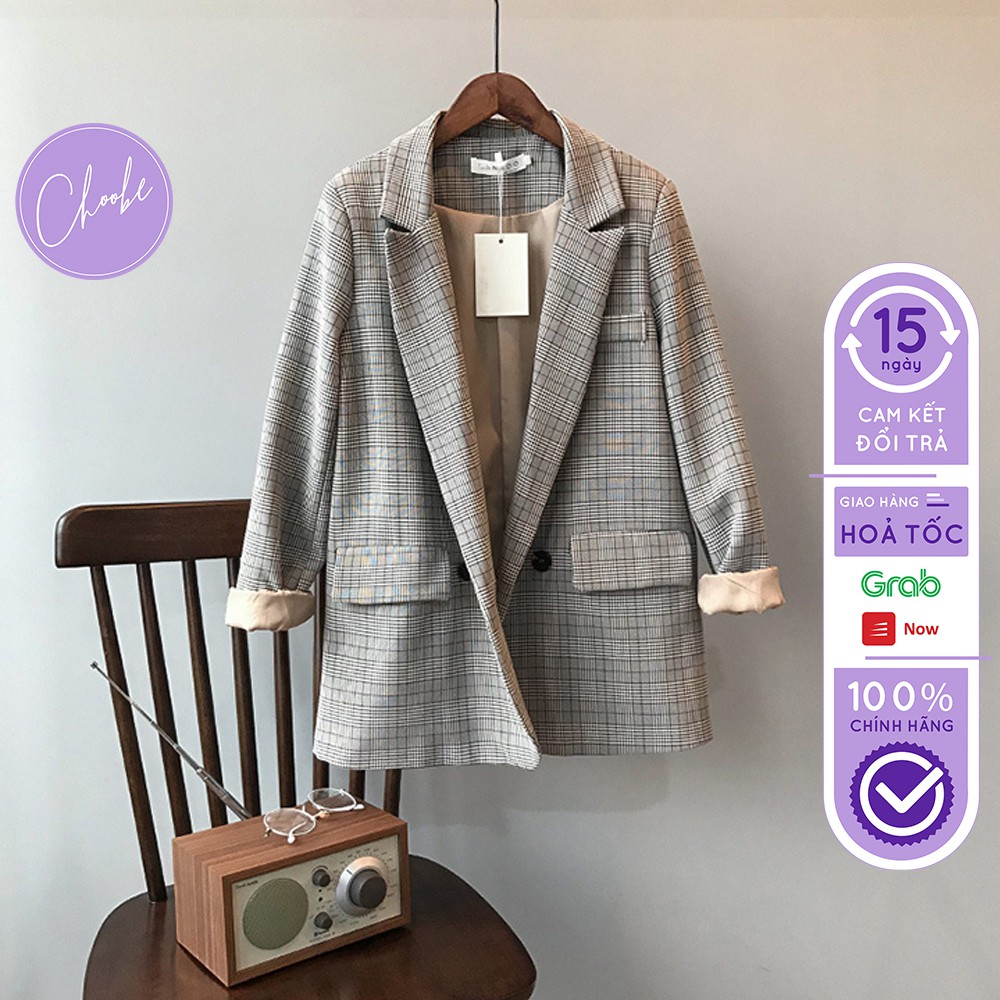 Áo blazer nữ Choobe hai lớp dài tay vest kẻ caro cao cấp form suông Hàn Quốc BL01