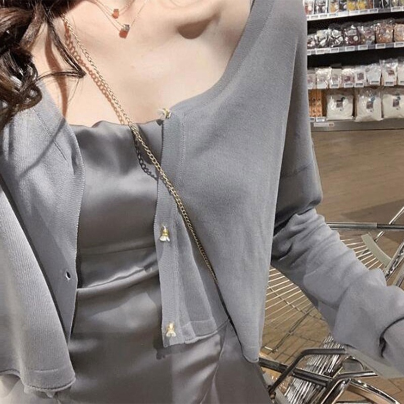 Áo Khoác Cardigan Dệt Kim Tay Dài Cổ Chữ V Cài Nút Màu Trơn Nhẹ Nhàng Thời Trang Mùa Hè Cho Nữ