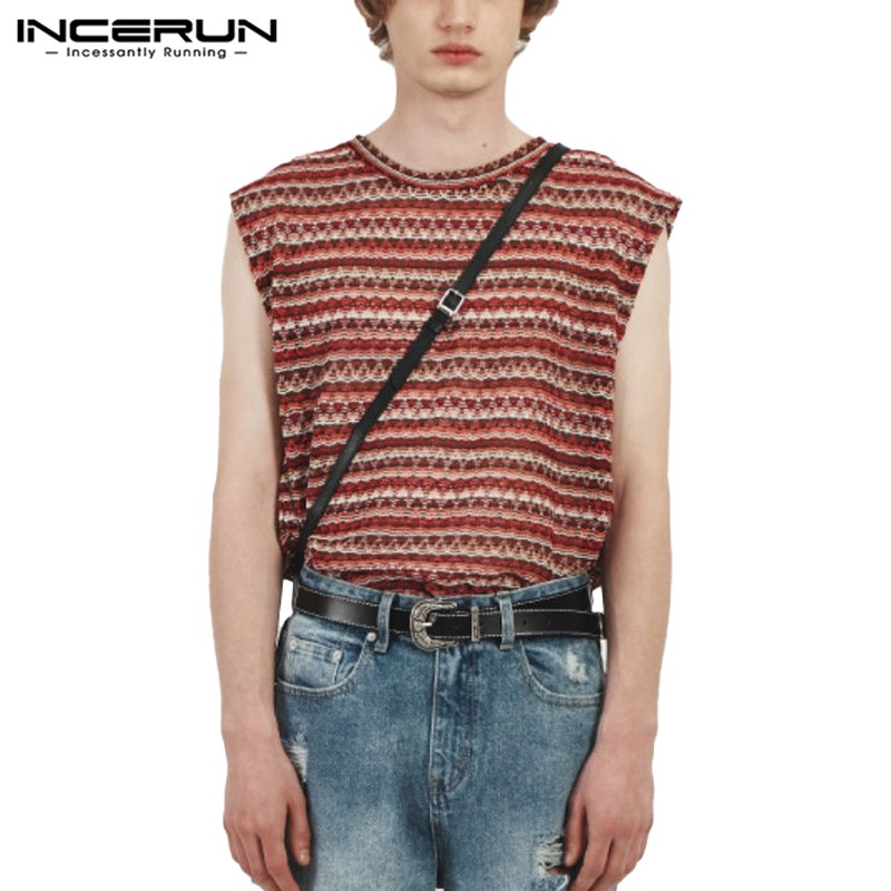 Áo ba lỗ INCERUN sọc ngang thời trang vintage cho nam