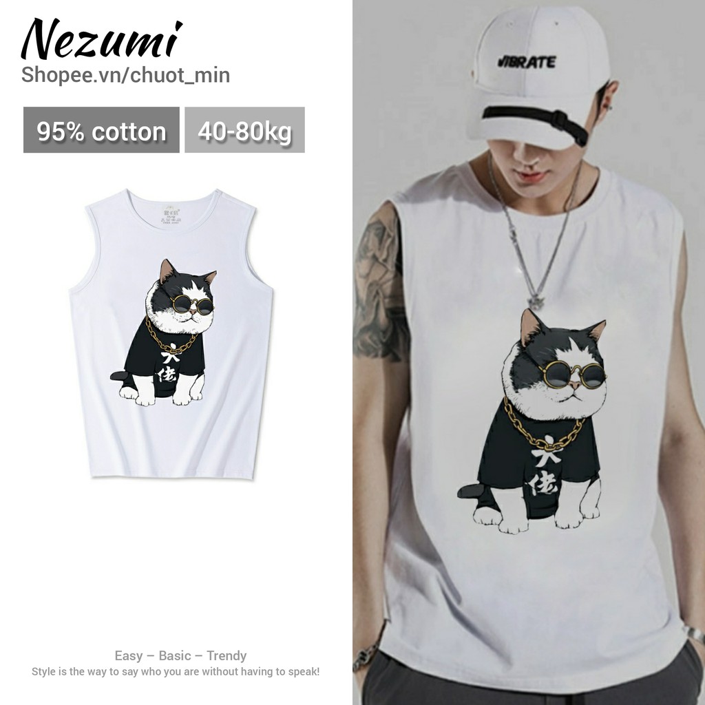 (Sẵn trắng XL) Áo tank top 95% cotton unisex nam nữ mèo kính đen - Áo ba lỗ tập gym, chạy bộ