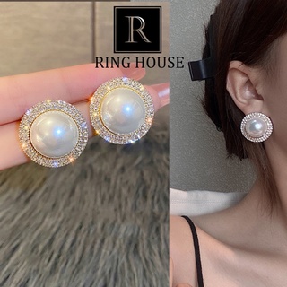 (Chuôi Bạc 925) E1 Bông Tai Khuyên Tai Nữ Tròn Hạt Trai Viền Ngọc Sáng Đẹp