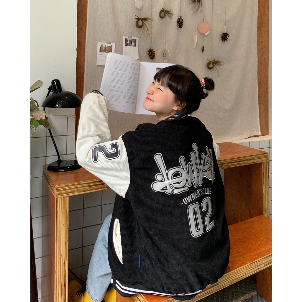 Áo khoác Varsity Black/White Nhung Tăm Full Thêu Logo Lowkey Phối Da PU Varsity Jacket Lowkey Uni