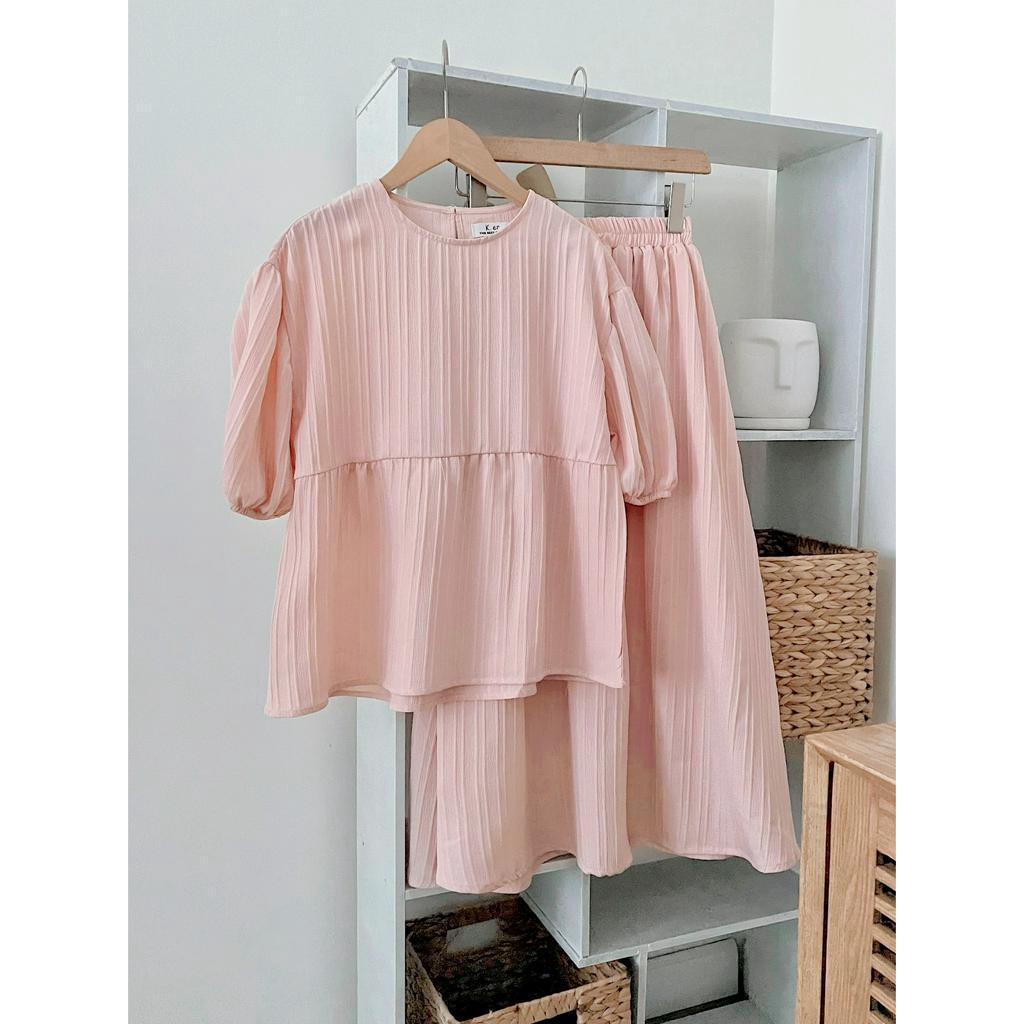 Set áo gân tay bồng kèm chân váy dáng dài 5 màu