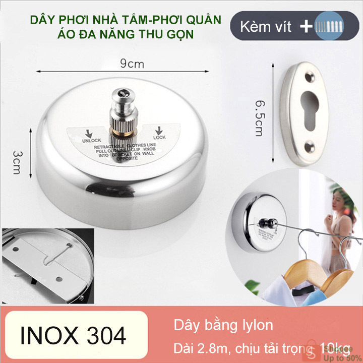 Dây phơi di động thu gọn thông minh, dùng ở ban công hoặc nhà tắm, vỏ inox 304 (Kho Hà Nội)