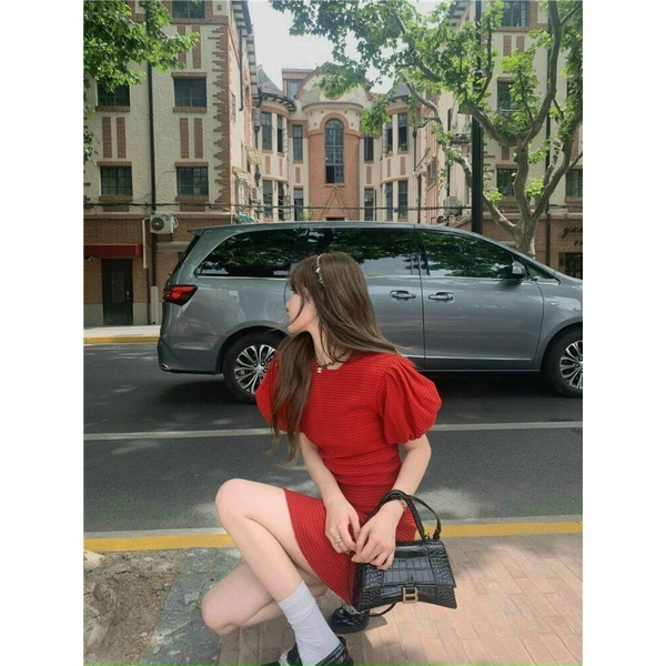 Váy đỏ tết NADO, Đầm đỏ tay phồng ngắn mặc đi chơi tết noel đẹp thời trang nữ cổ tròn freesize dưới 55kg | BigBuy360 - bigbuy360.vn