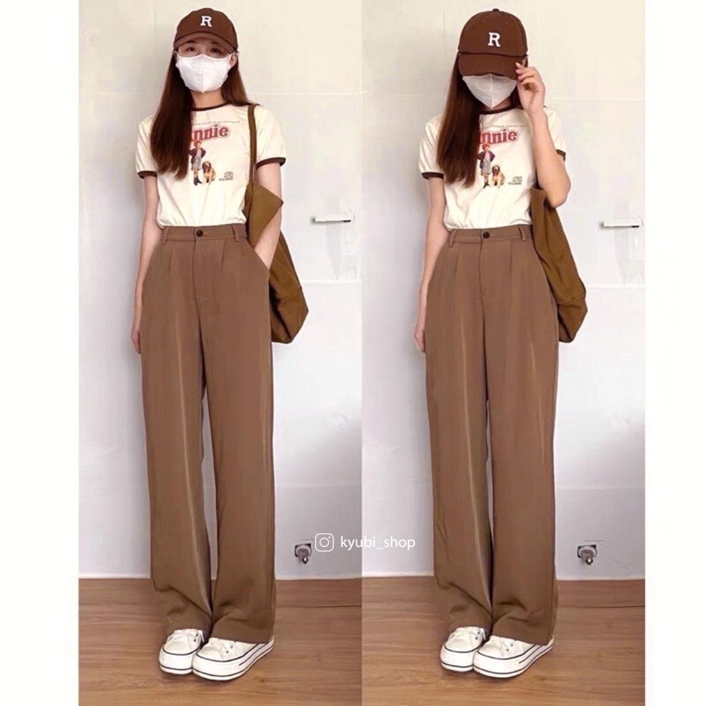 Quần dài culottes nữ ống rộng suông màu nâu tây form dài phong cách Ulzzang  - Quần Culotte Kyubi QT0021_N