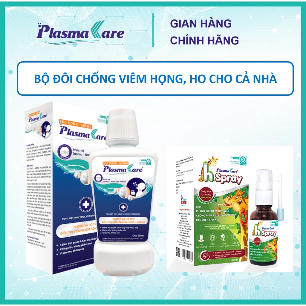 Combo 01 nước súc miệng họng PlasmaKare và 01 xịt họng PlasmaKare H-spray hết ho, đau rát họng, VlÊM họng