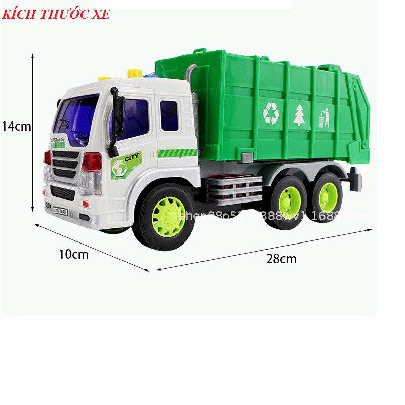 Mô hình xe ô tô chở rác đồ chơi trẻ em tỉ lệ 1:16 có âm thanh và đèn