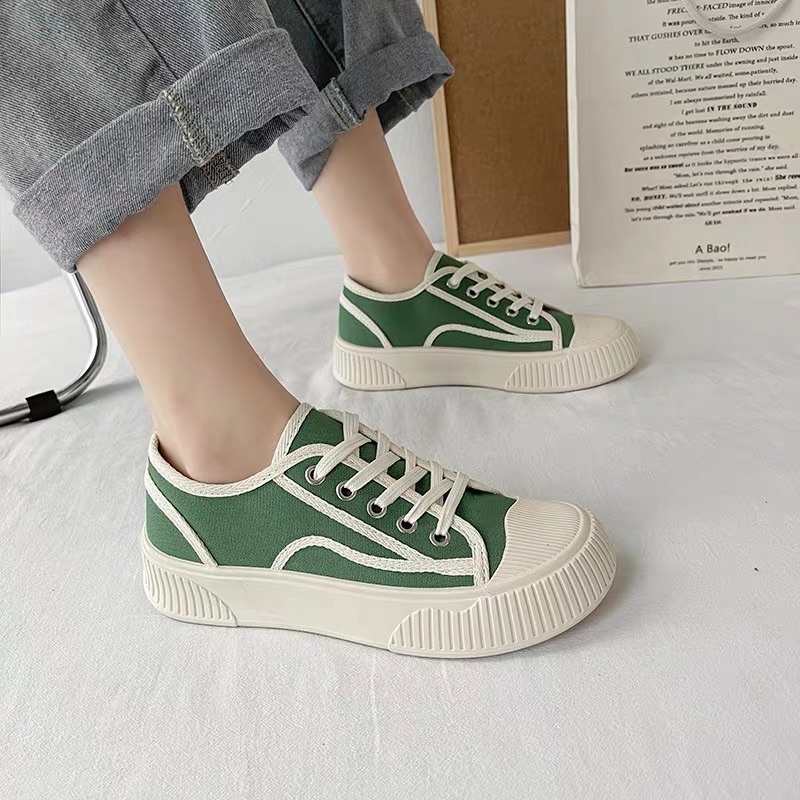 Giày nữ đế bằng bánh mì basic độn đế 4cm vải canvas bata mới hot phong cách retro ulzzang đẹp cá tính, Sneaker nữ 2021