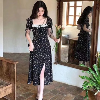 Váy mùa hè hàn quốc váy cổ vuông váy hoa váy có khe maxi váy đen váy giản dị váy trang trọng cho đám cưới