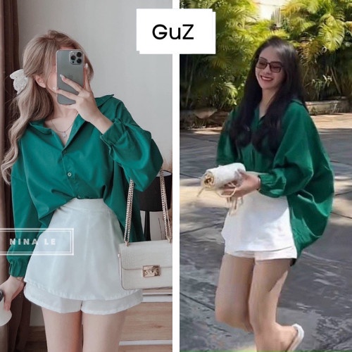 Sét 2 món áo sơ mi vải thô basic dáng thụng màu xanh lá mix với chân váy chữ A màu trắng vải kaki style Hàn Quốc GuZ