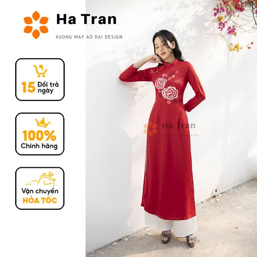 Áo dài truyền thống thêu hoa mẫu đơn kép màu đỏ madam Hà Trần