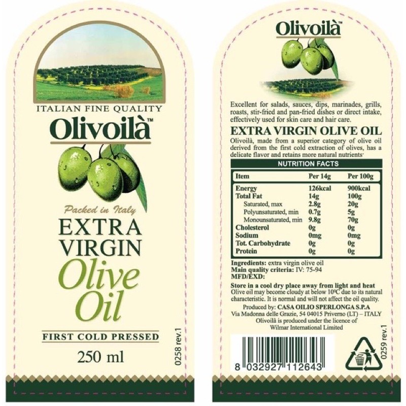 DẦU OLIVE NGUYÊN CHẤT 100% OLIVOILA EXTRA VIRGIN CHAI 250ML