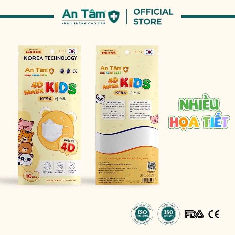 Set 10 khẩu trang KF94 4D hoạ tiết dễ thương cho bé 3-10 tuổi - An Tâm