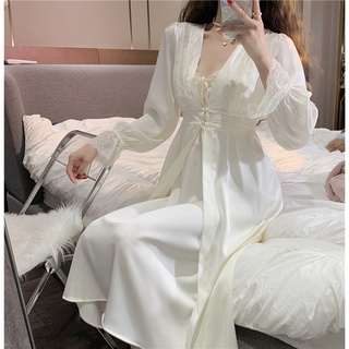 Váy lụa ngủ 2 dây kèm khoác phối ren quảng châu