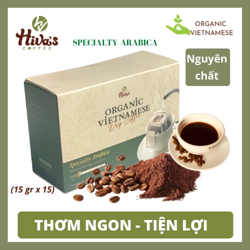 [FREESHIP]Cà phê Phin giấy nguyên chất Organic HIVA'S COFFEE Hộp15pcs Thơm Specialty Arabica, chua ngọt cân bằng, hậu êm