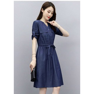Đầm jean xòe eo cổ V
