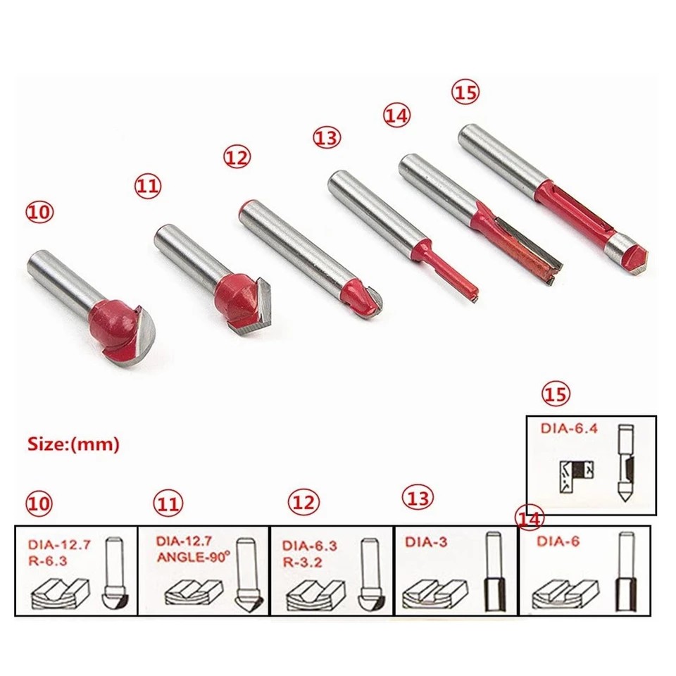 Bộ mũi phay gỗ cốt 6.35mm hoặc 12.7mm - BỘ 15 MŨI SOI GỖ