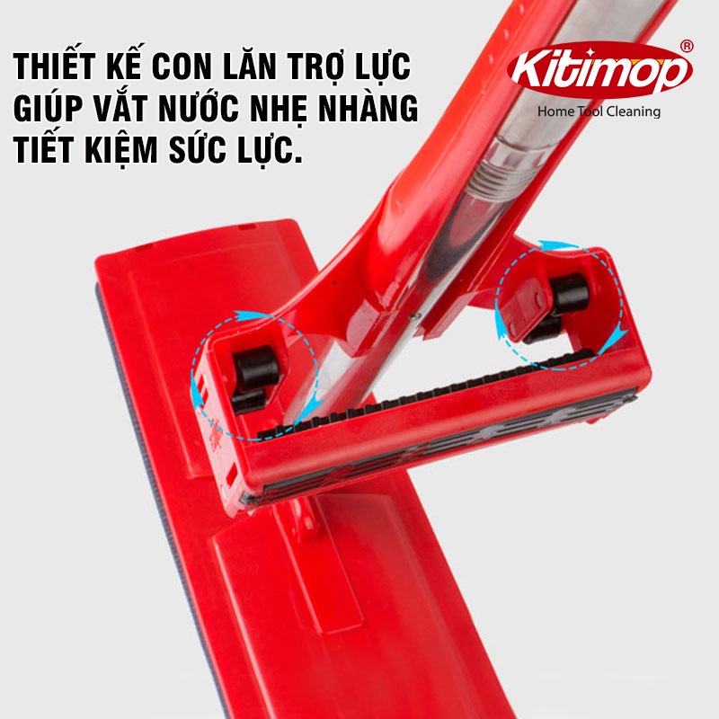 Cây lau nhà tự vắt Kitimop-Red có con lăn trợ lực , vắt khô 95%, bàn lau xoay 360 độ,  lau sạch khô nhanh, 3 miếng lau