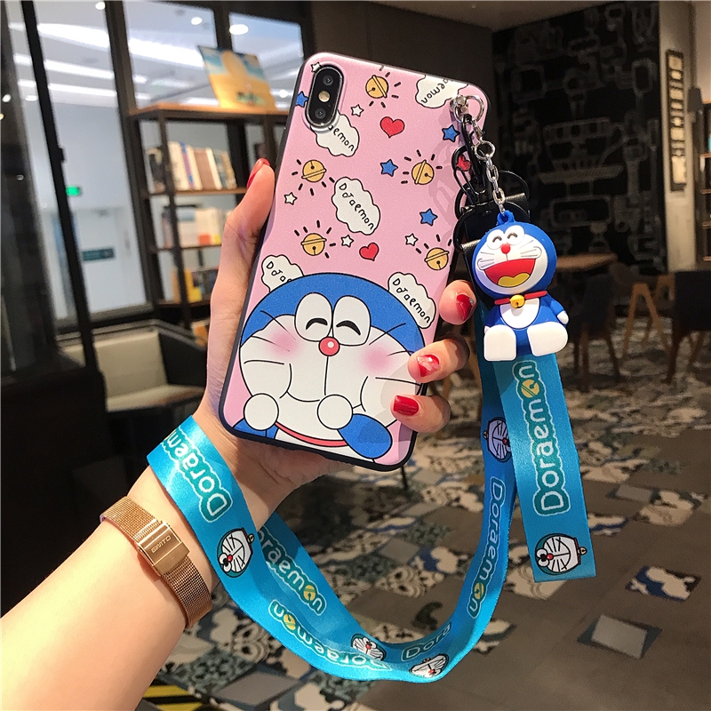 Ốp điện thoại mềm in hình Doraemon kèm dây đeo + giá đỡ xinh xắn cho iPhone 6 6s 7 8 Plus X XS Max XR 11 12 13 Pro Max 12 Mini HD07