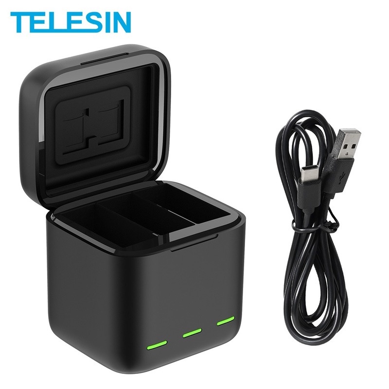 Telesin Hộp Sạc Pin 3 Chiều Có Đèn LED Màu Đen Cho GoPro Hero 9 10 11