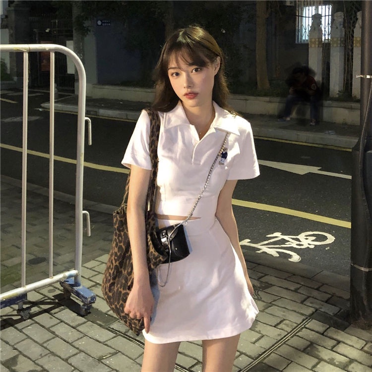 Bộ Áo Thun Ngắn Tay + Chân Váy Lưng Cao Thời Trang Mùa Hè Dành Cho Nữ