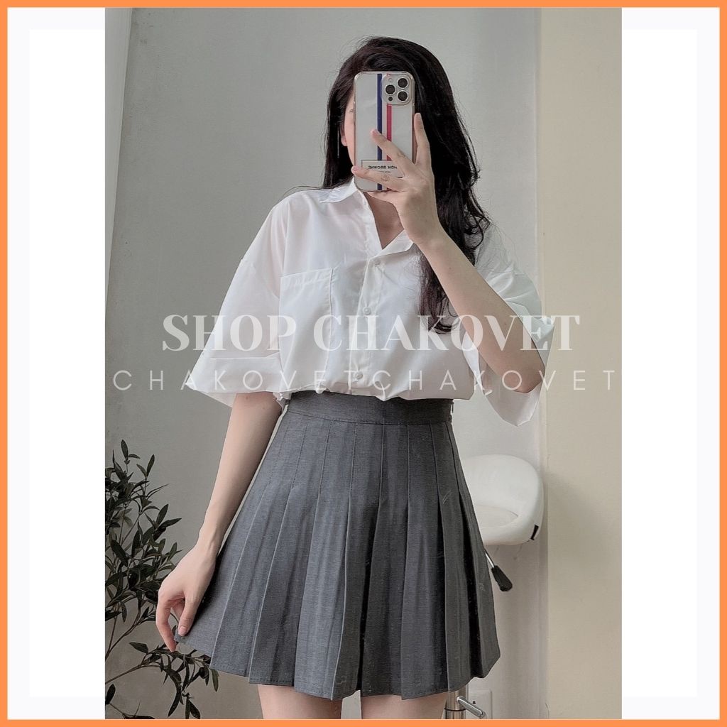 Áo kiểu nữ cộc tay babydoll form rộng A8211 xẻ tà bánh bèo túi ngực ulzzang hàn quốc màu xanh trắng cao cấp - CHAKOVET