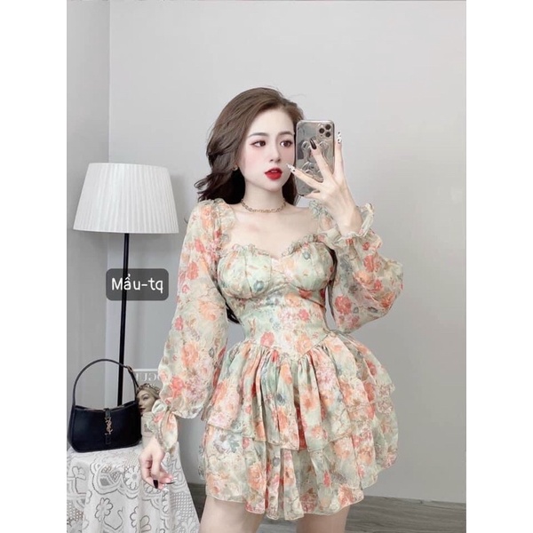 Đầm cỗ chữ U chất voan hai lớp có mút ngực tay bo thun siêu Xinh chuẩn màu ảnh