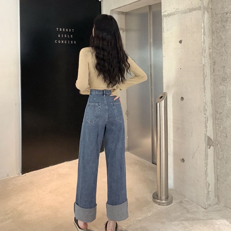 Daduhey Quần Jeans Nữ Cạp Cao Ống Rộng Cá Tính
