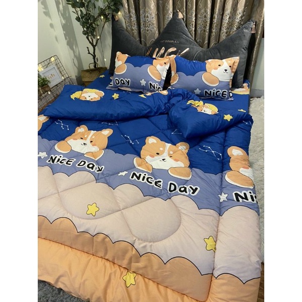 Bộ 5 món chăn phao  cotton, chăn ga gối poly cotton chăn kích thước m8x2m ga vừa cho đệm 10cm