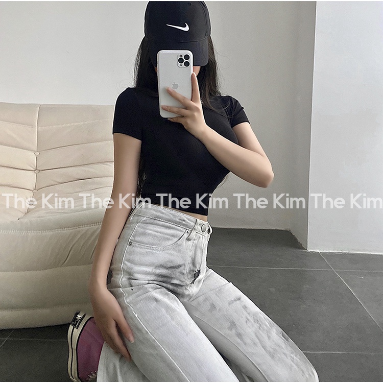 Áo thun tăm trơn ngắn tay cổ cao , cổ tròn , áo croptop basic tay ngắn ôm sát body The Kim A124 | BigBuy360 - bigbuy360.vn