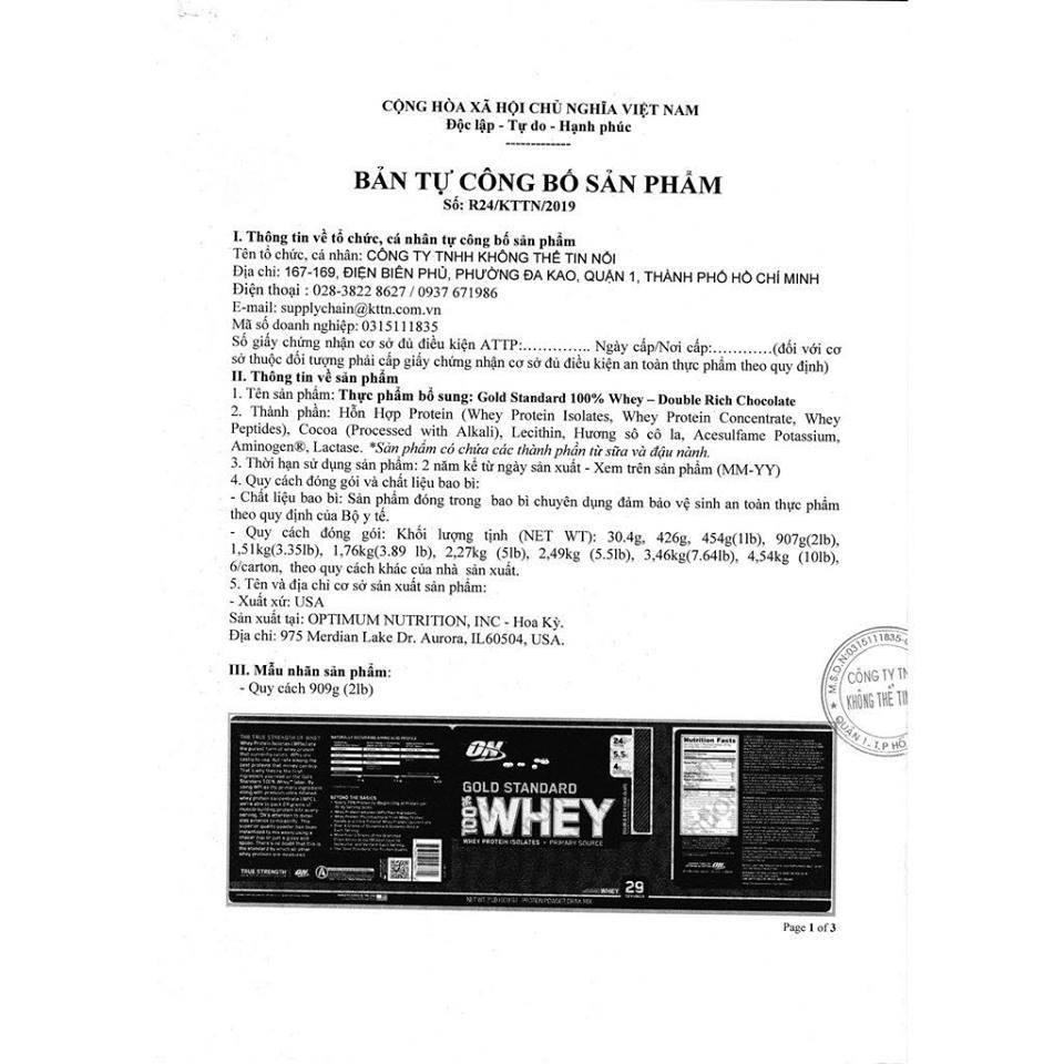 [Sample Dùng Thử] Sữa tăng cơ bắp ON Gold Stard 100% Whey 500gram - Authentic 100% Optimum Nutrition