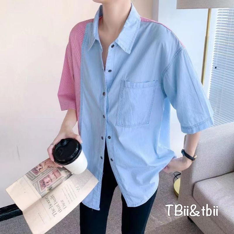 Áo sơmi jean mềm pha kẻ hồng túi ngực hàng QCL1