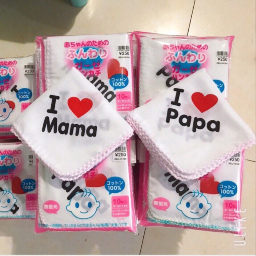 khăn mặt xô cho bé, Set 10 Khăn xô sữa I Love Mama, Papa xuất nhật 2 lớp kích thước 32x32cm { CHUYÊN SỈ }