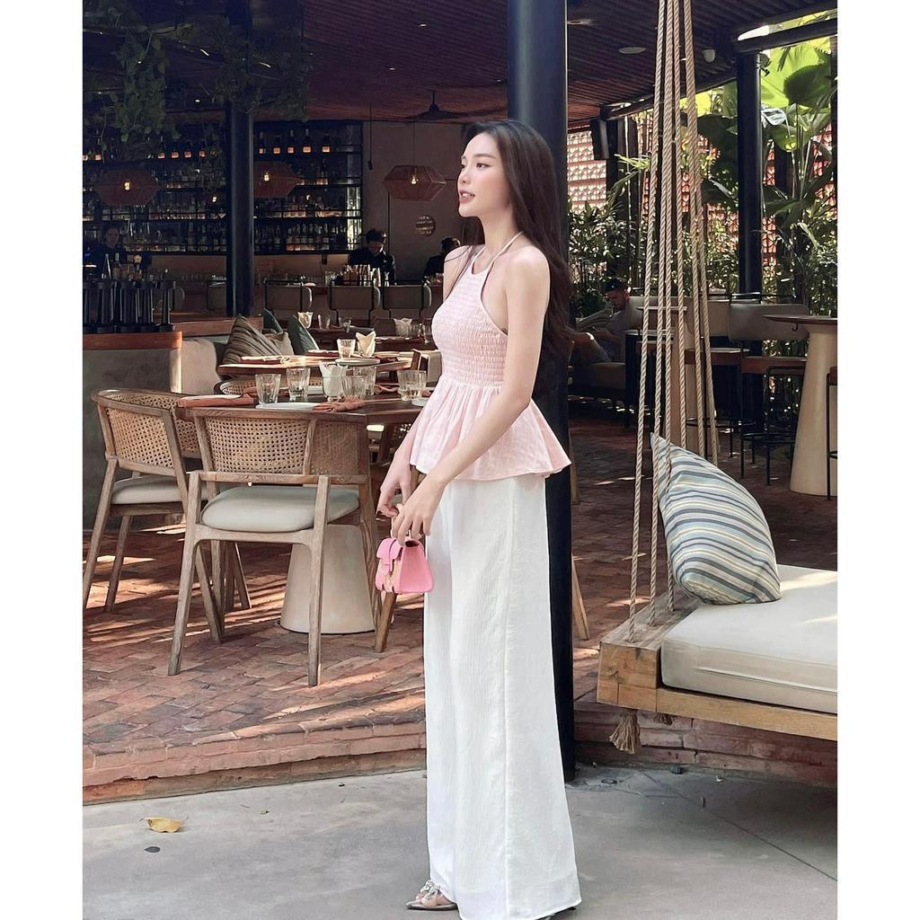Set áo yếm nhún ngực hở lưng, dáng peplum và quần ống rộng xuông
