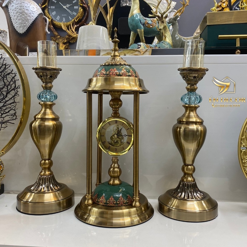 Set Đồng Hồ Chân Nến Cao Cấp, Trang Trí Nhà Cửa, Vật Phẩm Phong Thủy Quà Tặng, Én Decor