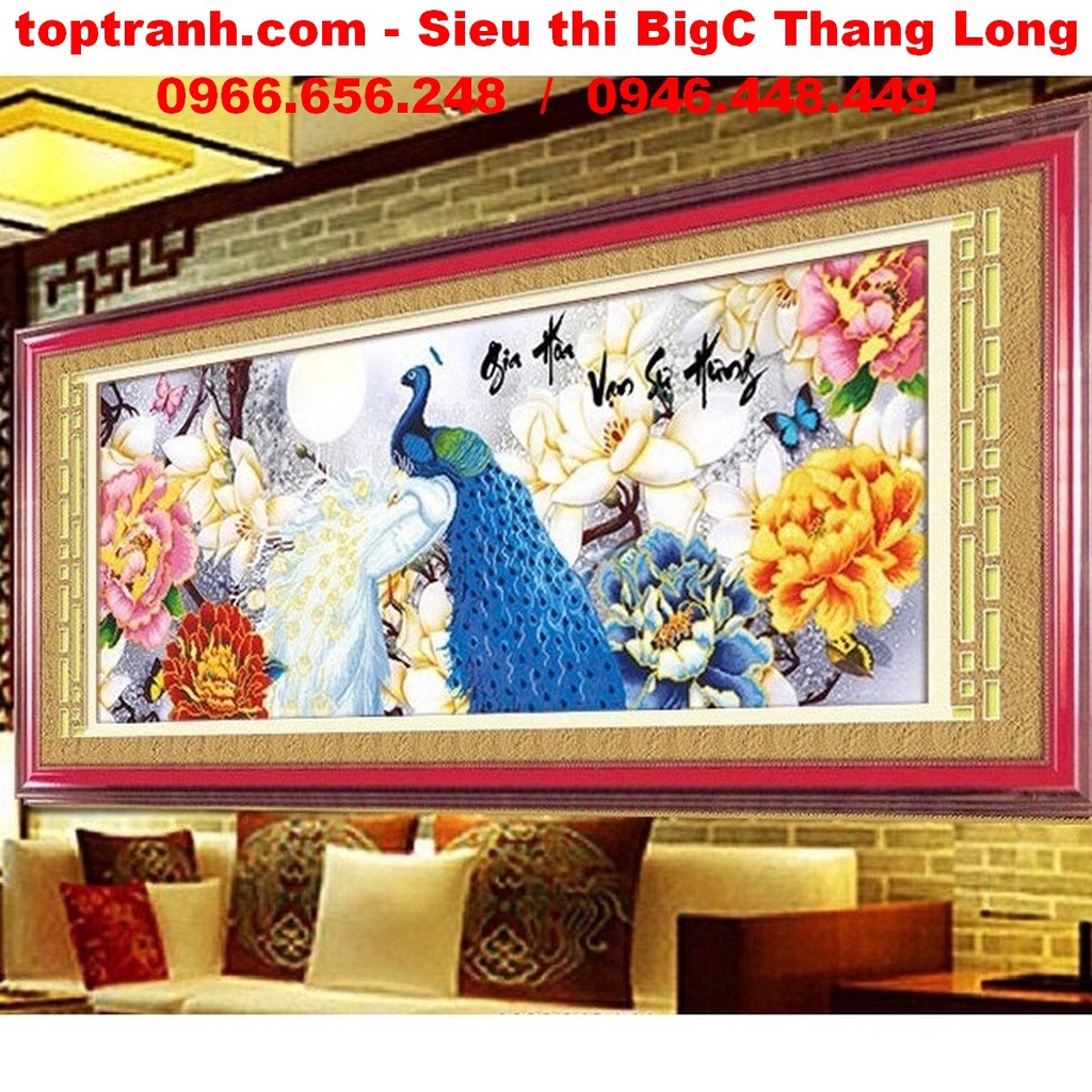 Tranh thêu chữ thập con công và hoa mẫu đơn Gia hòa vạn sự hưng 223224 chưa thêu
