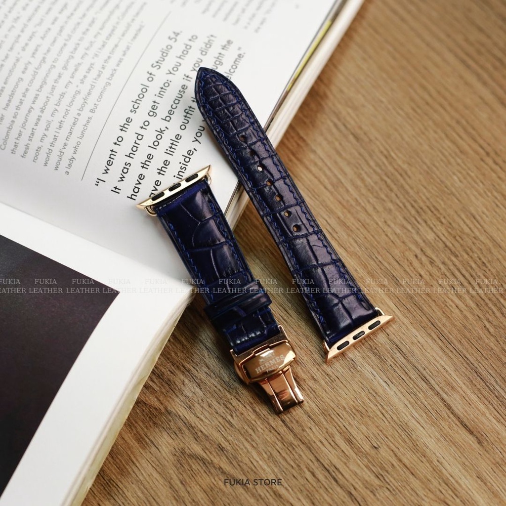 Dây da thủ công Cá Sấu Xanh Navy dành cho iWatch, đồng hồ thông minh, đồng hồ cơ FUKIA DDTC182