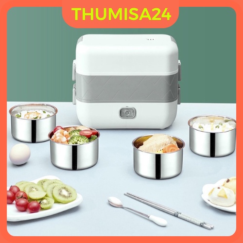 Hộp cơm cắm điện 2 tầng 4 ngăn inox giữ nhiệt hâm đóng và tự nấu chín thức ăn, Cà Men Đựng Cơm Đi Làm.