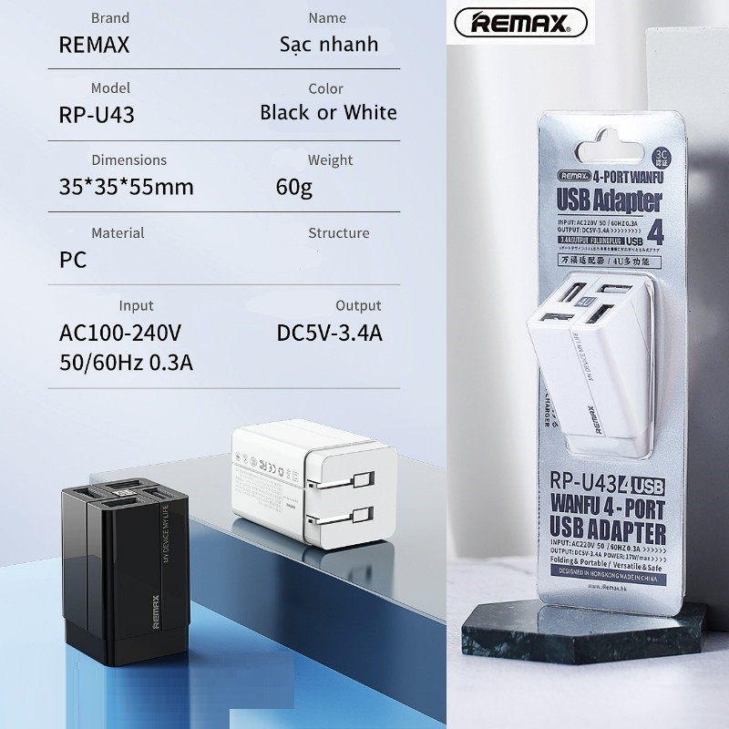 [ 4 Cổng Sạc Usb ] Cóc Sạc Nhanh 3.4A Remax RP-U43