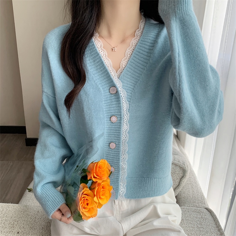 Áo Khoác cardigan Dệt Kim Cổ Chữ V Phối Ren Thời Trang Thu Đông Hàng Mới 2022
