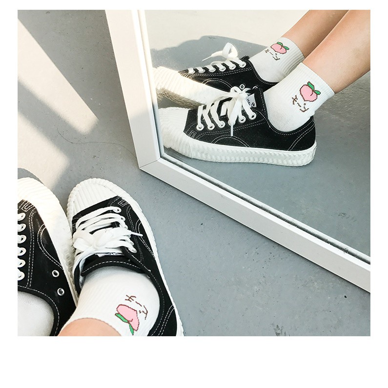 Vớ thể thao cổ cao màu trơn in họa tiết trái cây phong cách Hàn Quốc