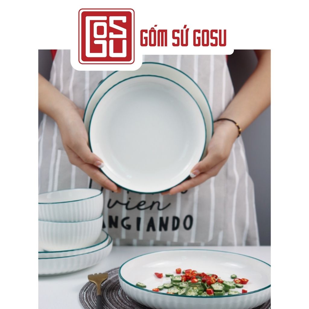 Bộ Chén Dĩa Gốm Sứ Gosu Trắng Viền Xanh Sang Trọng Chén Dĩa Decor