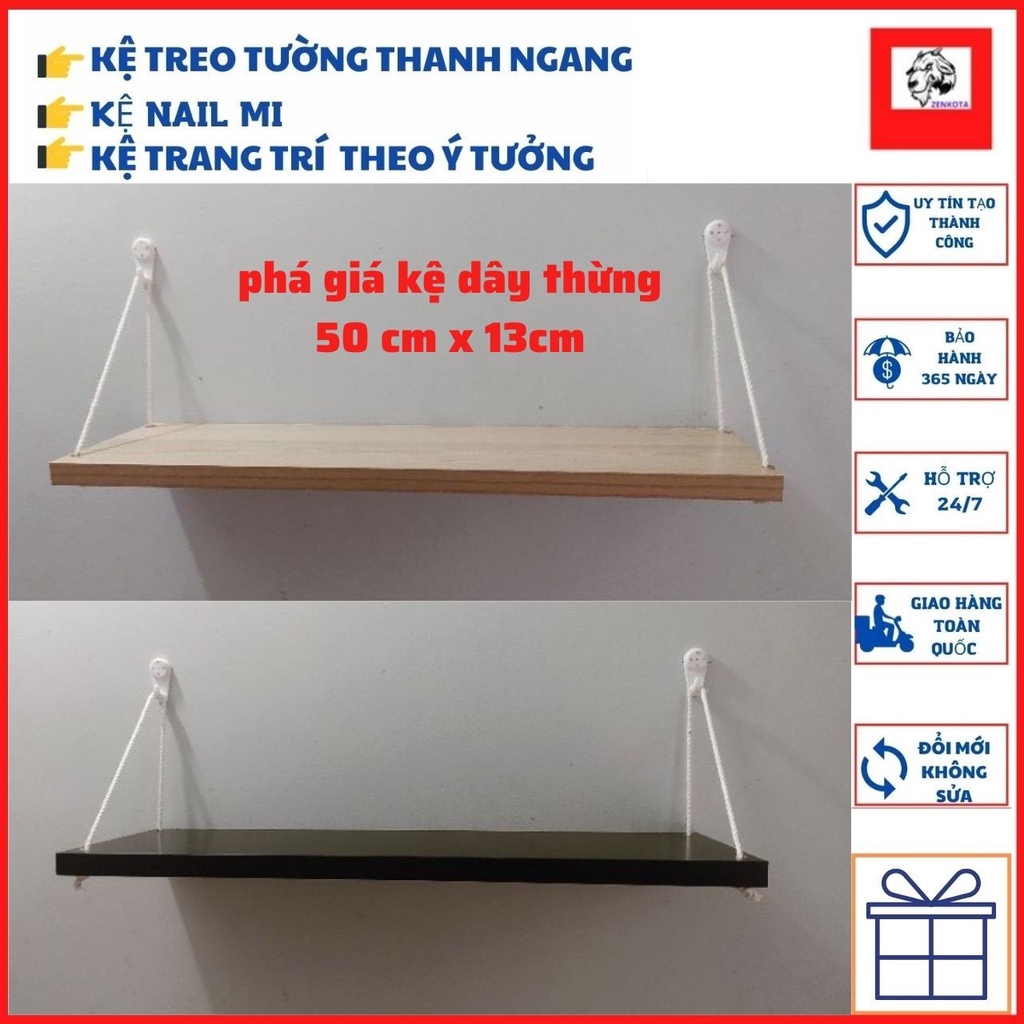 Thanh ngang treo tường bằng dây thừng, kệ gỗ không cần khoan phong cách hàn quôc hàng gỗ loại 1 thái, rễ lắp đặt zenkota