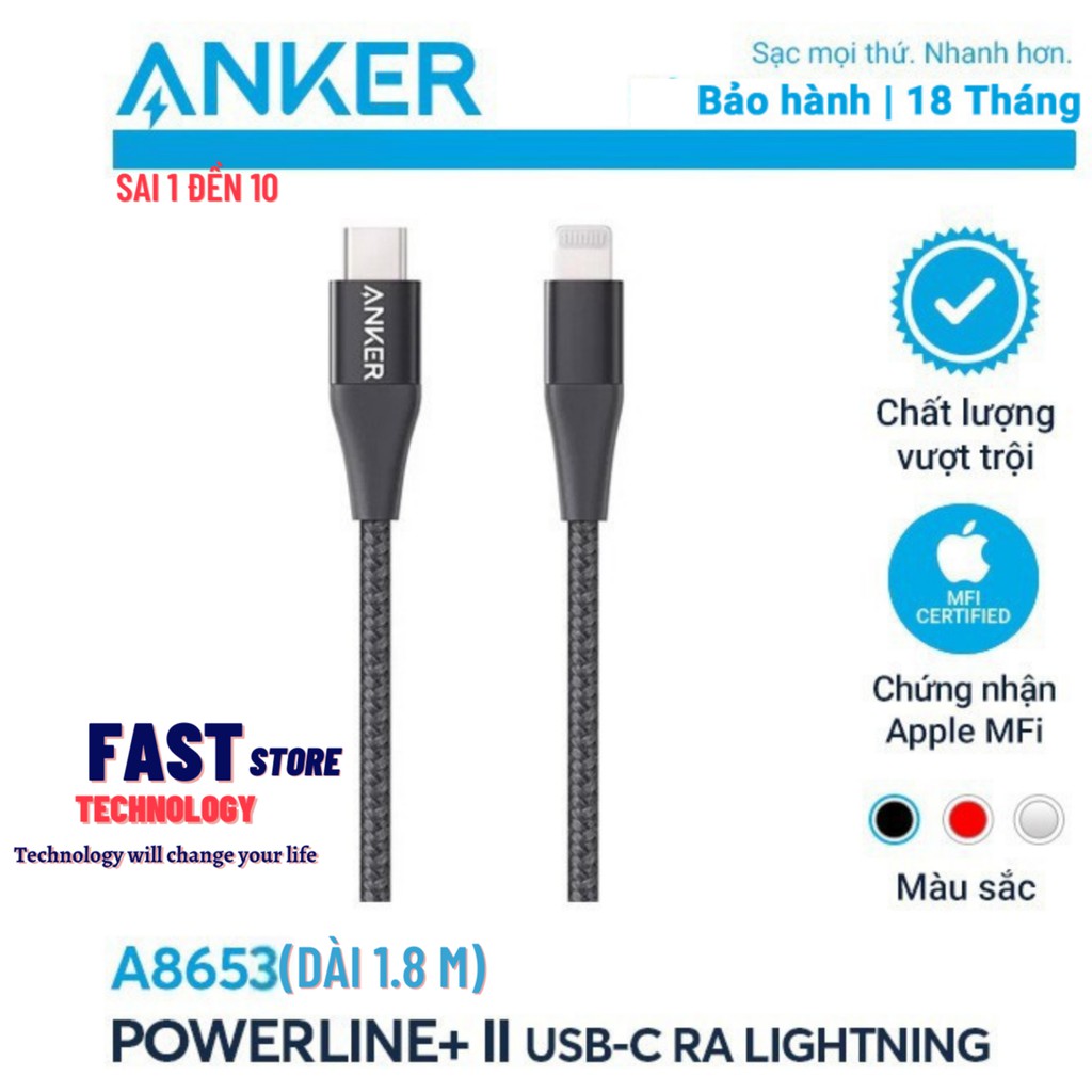 [Chính hãng] Cáp Anker PowerLine+ II Lightning to USB-C, dài 1.8m - A8653